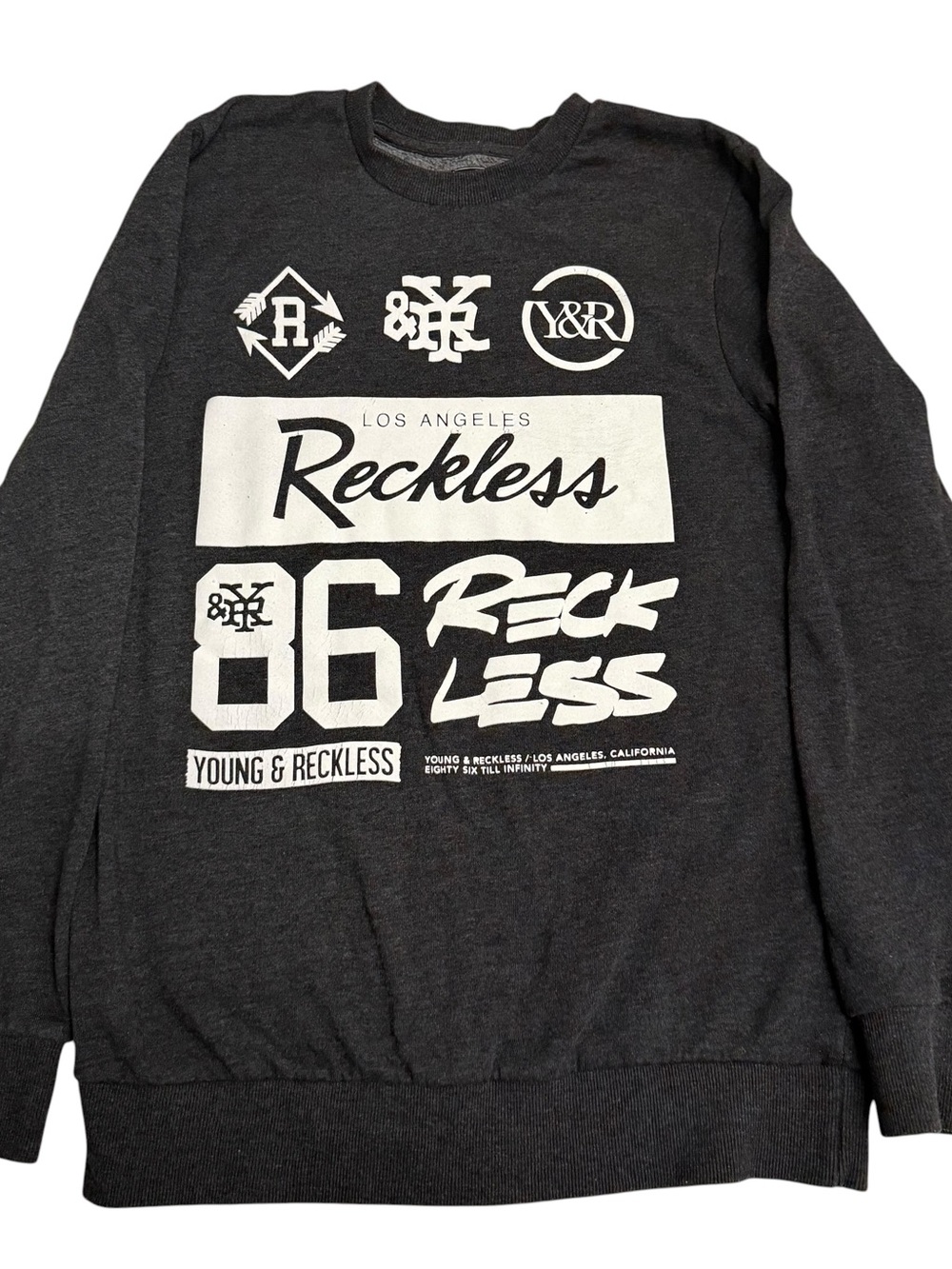 Young & Reckless Crewneck Sweatshirt Mens S Gray Graphic Pullover Fleece Logo